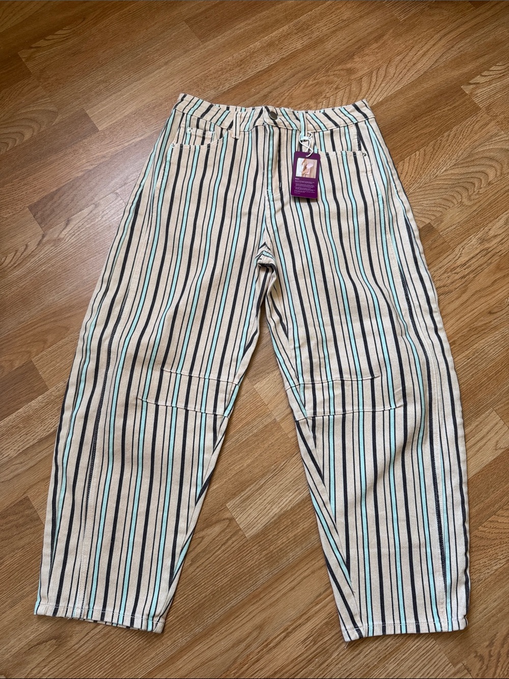 Source Unknown Cream Striped Women's Chinos with Black & Teal Lines, ankle,L